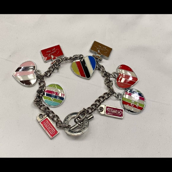 Coach Hearts charm bracelet in silver tone with vibrant, colorful charms. - Picture 7 of 10